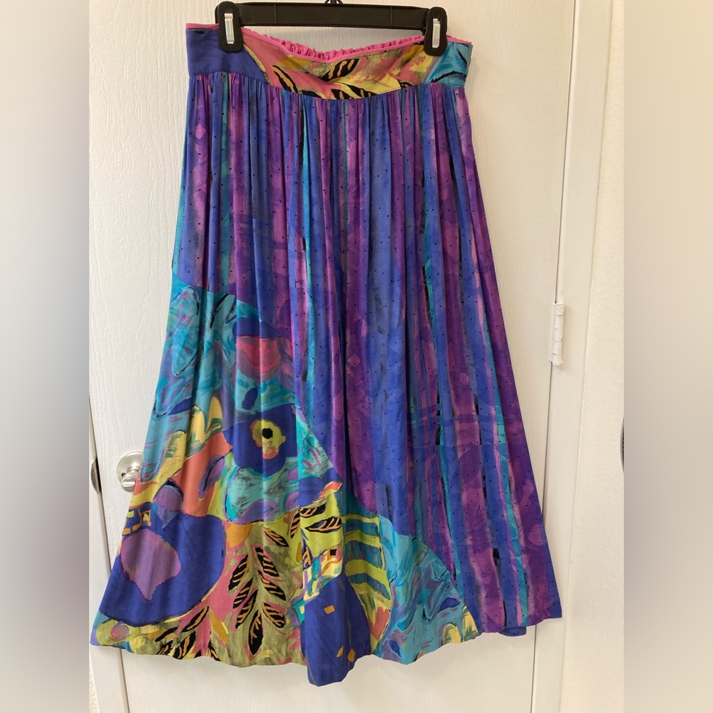 Midi skirt, blue, turquoise, chartreuse, pink, purple. Sz 12